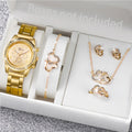 Conjunto de 6 relógios femininos da moda com strass e pulseira de aço inoxidável, relógio de quartzo com coração duplo, conjunto de joias (sem caixa)