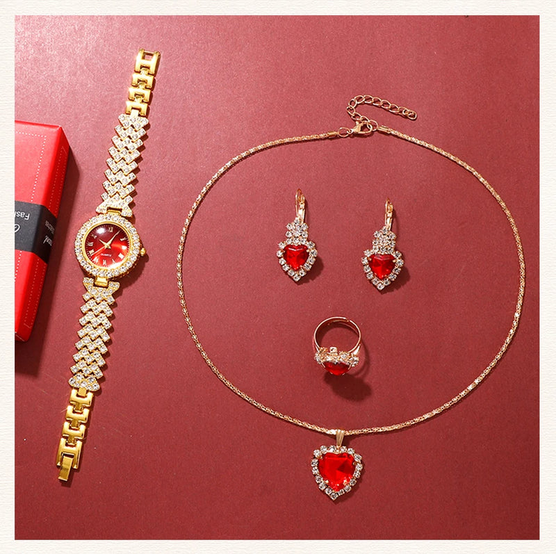 Relógio de luxo dourado feminino, anel, colar, brinco, strass, relógio de pulso casual feminino, pulseira, relógios, conjunto de joias