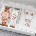 Conjunto de 6 relógios femininos da moda com strass e pulseira de aço inoxidável, relógio de quartzo com coração duplo, conjunto de joias (sem caixa)