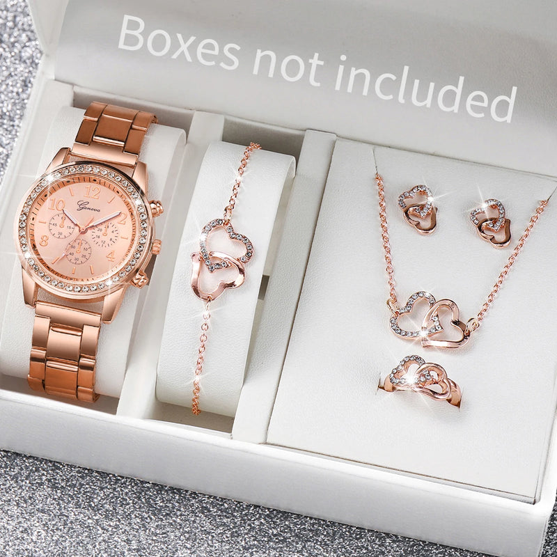 Conjunto de 6 relógios femininos da moda com strass e pulseira de aço inoxidável, relógio de quartzo com coração duplo, conjunto de joias (sem caixa)