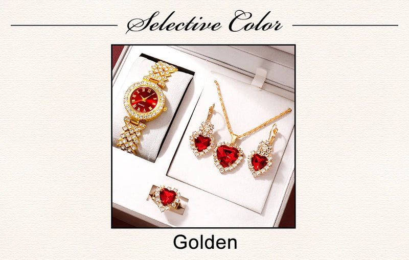 Relógio de luxo dourado feminino, anel, colar, brinco, strass, relógio de pulso casual feminino, pulseira, relógios, conjunto de joias