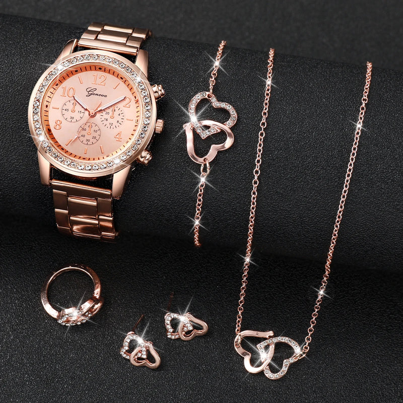 Conjunto de 6 relógios femininos da moda com strass e pulseira de aço inoxidável, relógio de quartzo com coração duplo, conjunto de joias (sem caixa)
