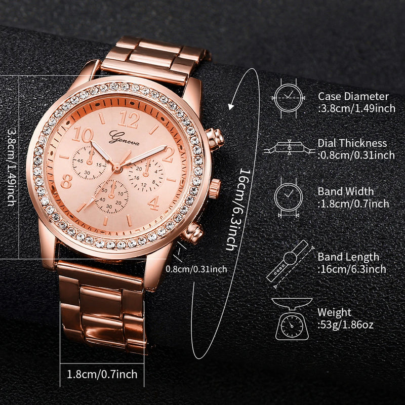 Conjunto de 6 relógios femininos da moda com strass e pulseira de aço inoxidável, relógio de quartzo com coração duplo, conjunto de joias (sem caixa)