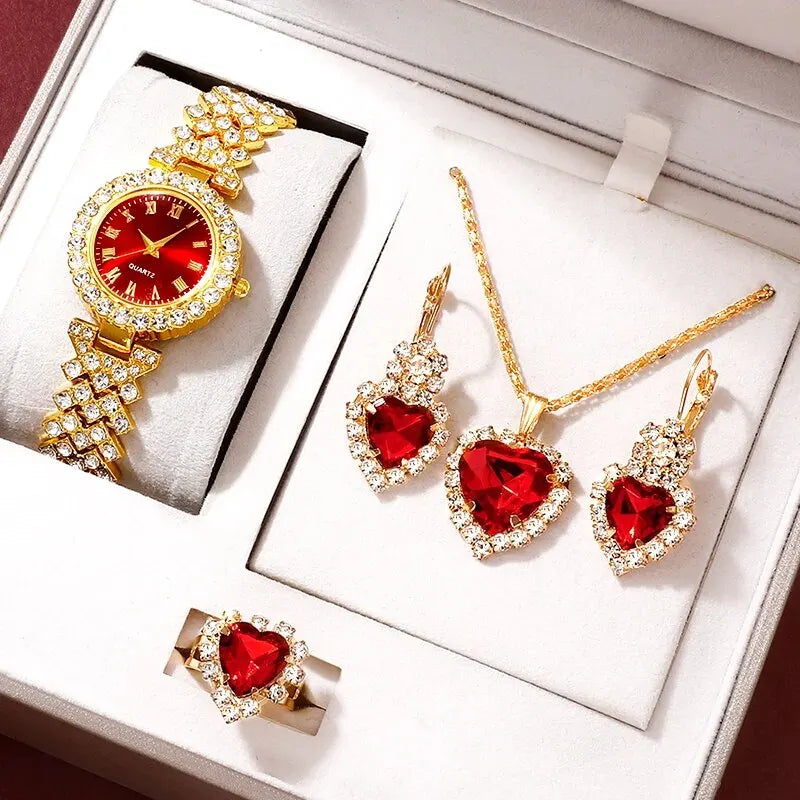 Relógio de luxo dourado feminino, anel, colar, brinco, strass, relógio de pulso casual feminino, pulseira, relógios, conjunto de joias