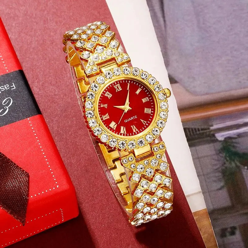 Relógio de luxo dourado feminino, anel, colar, brinco, strass, relógio de pulso casual feminino, pulseira, relógios, conjunto de joias