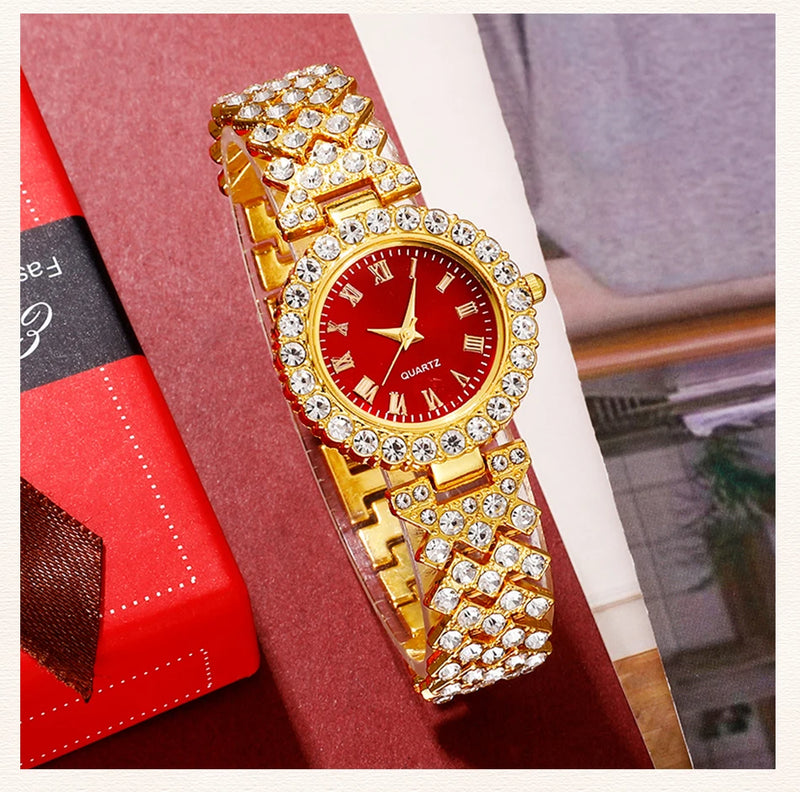 Relógio de luxo dourado feminino, anel, colar, brinco, strass, relógio de pulso casual feminino, pulseira, relógios, conjunto de joias