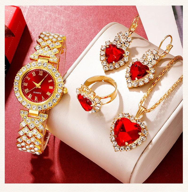 Relógio de luxo dourado feminino, anel, colar, brinco, strass, relógio de pulso casual feminino, pulseira, relógios, conjunto de joias