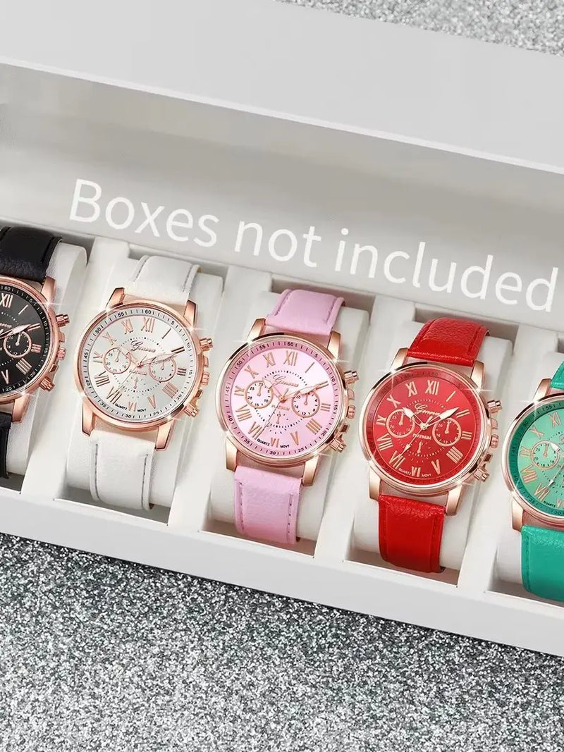 Relógios femininos 5 peças, moda Roma, mostrador, pulseira de couro, relógio de quartzo (sem caixa)