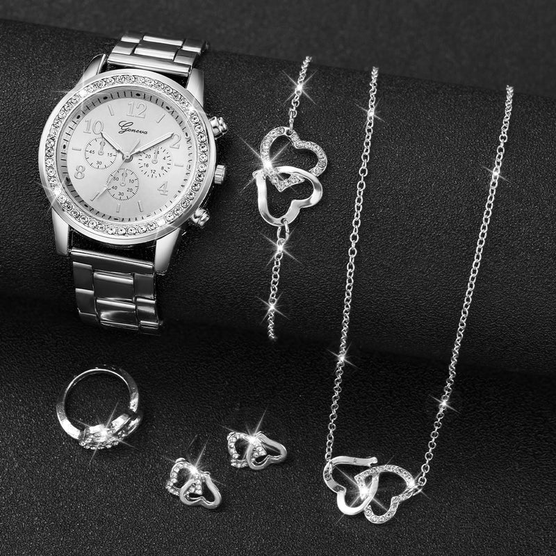 Conjunto de 6 relógios femininos da moda com strass e pulseira de aço inoxidável, relógio de quartzo com coração duplo, conjunto de joias (sem caixa)