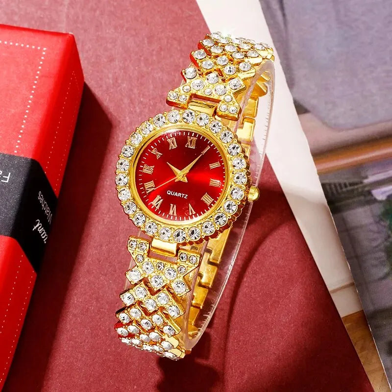 Relógio de luxo dourado feminino, anel, colar, brinco, strass, relógio de pulso casual feminino, pulseira, relógios, conjunto de joias
