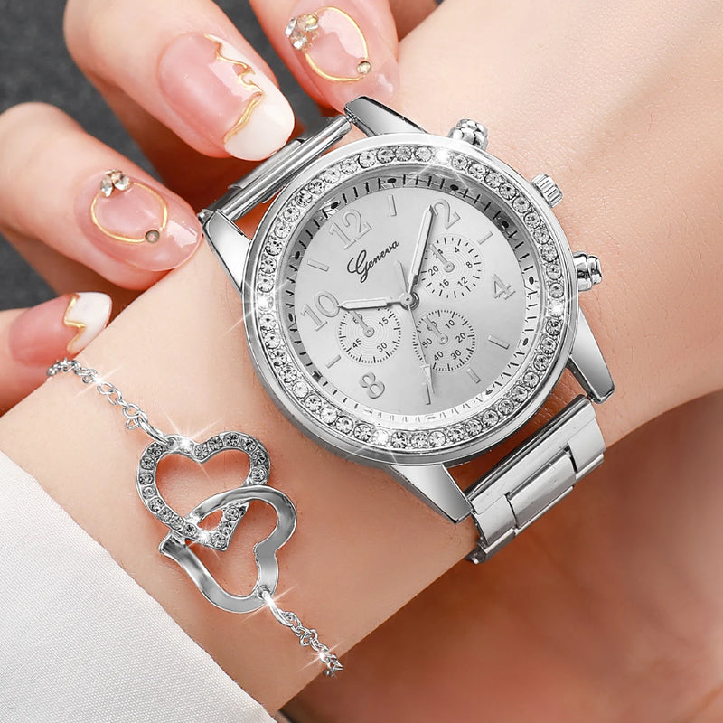 Conjunto de 6 relógios femininos da moda com strass e pulseira de aço inoxidável, relógio de quartzo com coração duplo, conjunto de joias (sem caixa)