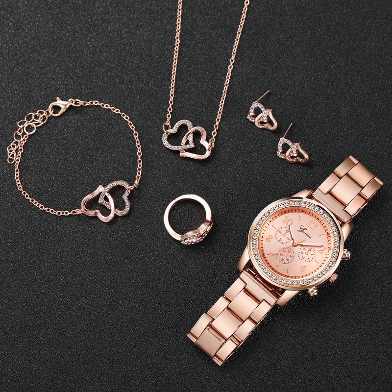 Conjunto de 6 relógios femininos da moda com strass e pulseira de aço inoxidável, relógio de quartzo com coração duplo, conjunto de joias (sem caixa)