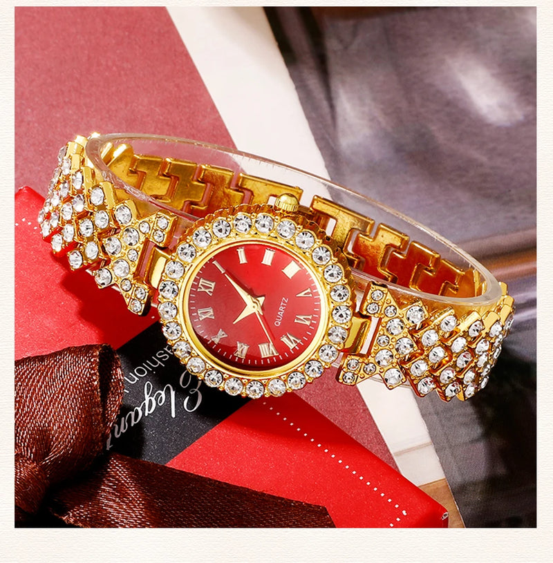 Relógio de luxo dourado feminino, anel, colar, brinco, strass, relógio de pulso casual feminino, pulseira, relógios, conjunto de joias