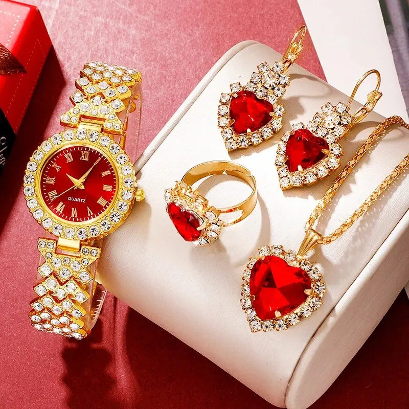 Relógio de luxo dourado feminino, anel, colar, brinco, strass, relógio de pulso casual feminino, pulseira, relógios, conjunto de joias
