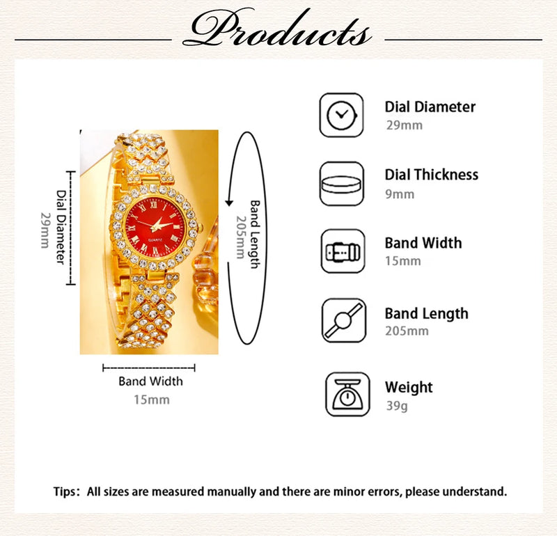 Relógio de luxo dourado feminino, anel, colar, brinco, strass, relógio de pulso casual feminino, pulseira, relógios, conjunto de joias