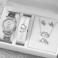 Conjunto de 6 relógios femininos da moda com strass e pulseira de aço inoxidável, relógio de quartzo com coração duplo, conjunto de joias (sem caixa)