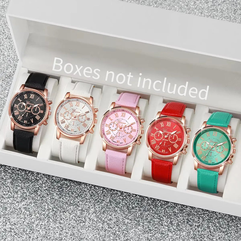 Relógios femininos 5 peças, moda Roma, mostrador, pulseira de couro, relógio de quartzo (sem caixa)
