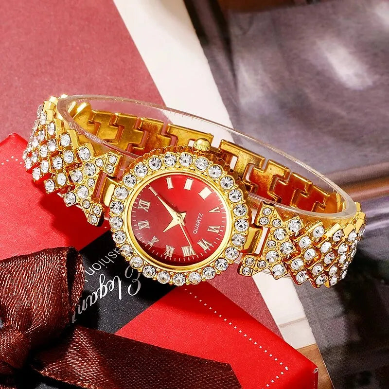 Relógio de luxo dourado feminino, anel, colar, brinco, strass, relógio de pulso casual feminino, pulseira, relógios, conjunto de joias