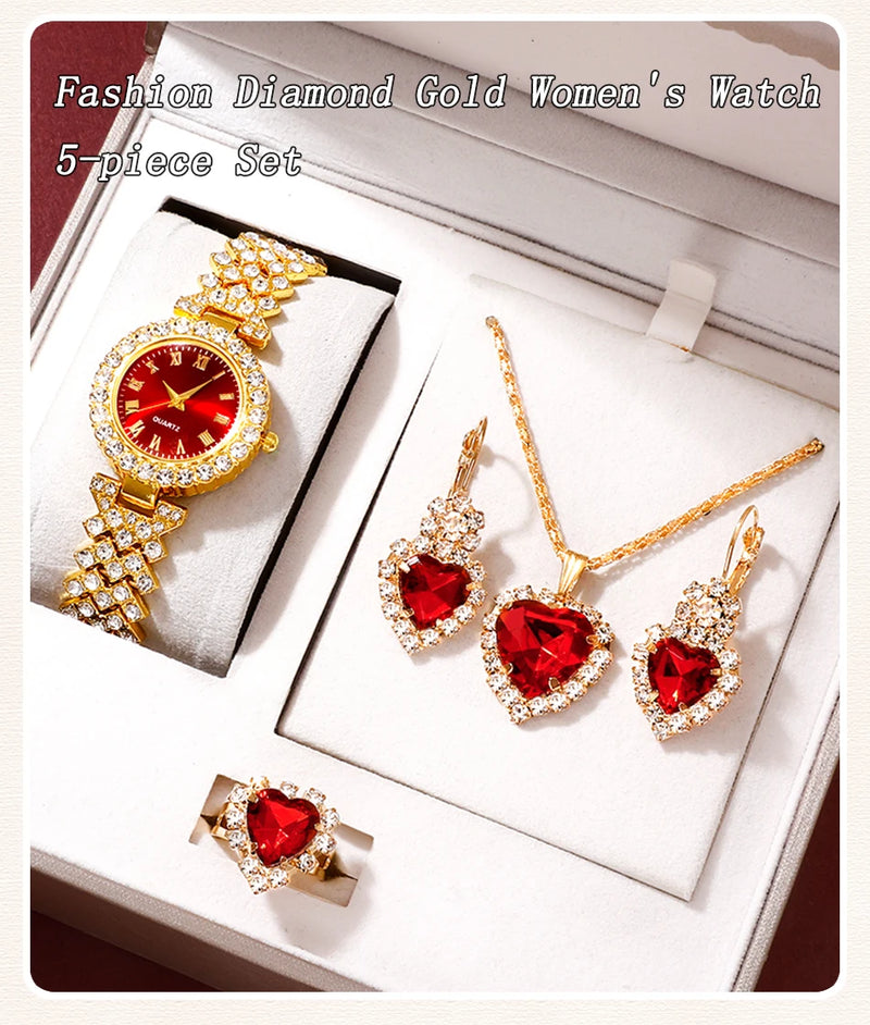 Relógio de luxo dourado feminino, anel, colar, brinco, strass, relógio de pulso casual feminino, pulseira, relógios, conjunto de joias