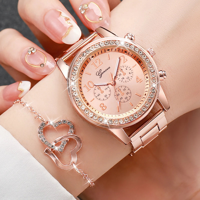 Conjunto de 6 relógios femininos da moda com strass e pulseira de aço inoxidável, relógio de quartzo com coração duplo, conjunto de joias (sem caixa)