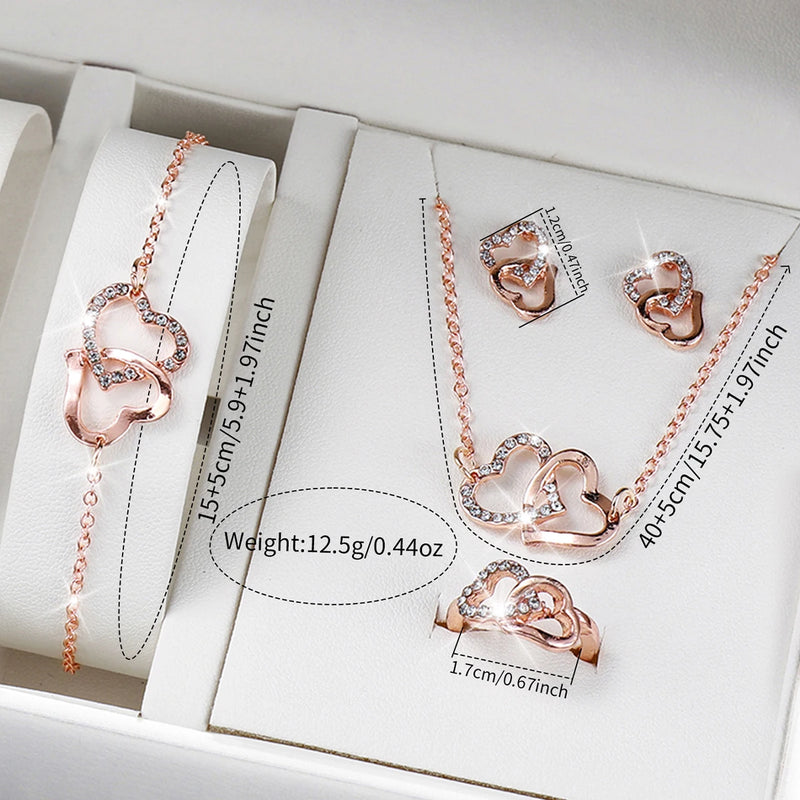 Conjunto de 6 relógios femininos da moda com strass e pulseira de aço inoxidável, relógio de quartzo com coração duplo, conjunto de joias (sem caixa)