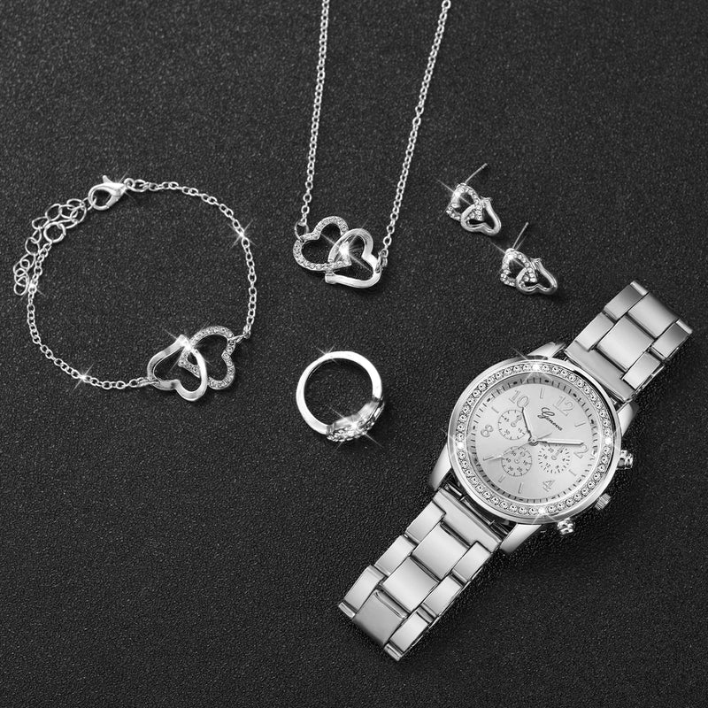 Conjunto de 6 relógios femininos da moda com strass e pulseira de aço inoxidável, relógio de quartzo com coração duplo, conjunto de joias (sem caixa)