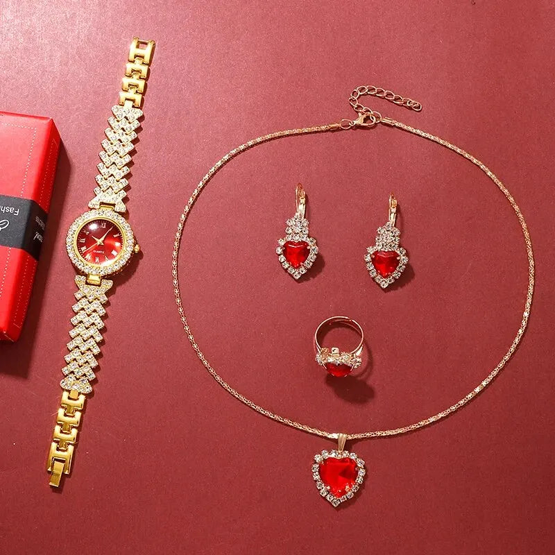 Relógio de luxo dourado feminino, anel, colar, brinco, strass, relógio de pulso casual feminino, pulseira, relógios, conjunto de joias