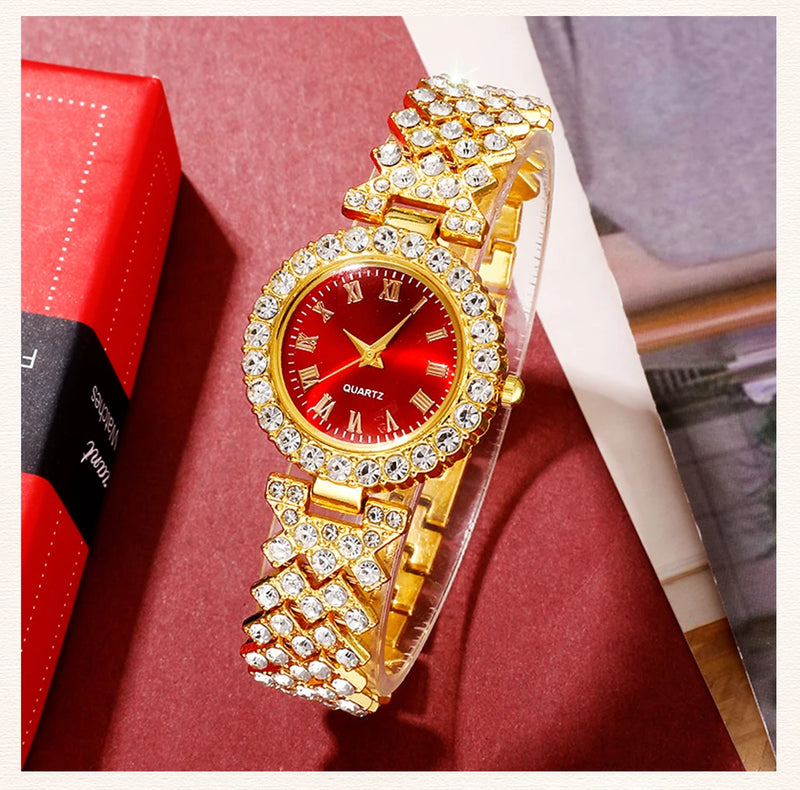 Relógio de luxo dourado feminino, anel, colar, brinco, strass, relógio de pulso casual feminino, pulseira, relógios, conjunto de joias